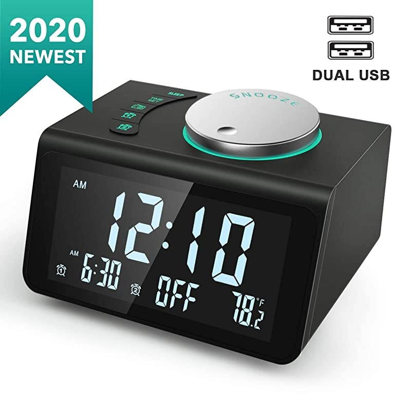 Small Digital Alarm Clock Radio FM RadioDual USB Charging PortsDual Alarms with 7 Alarm SoundsAdjustable VolumeTemperature5 Level Brightness DimmerBattery BackupBedrooms Sleep Timer