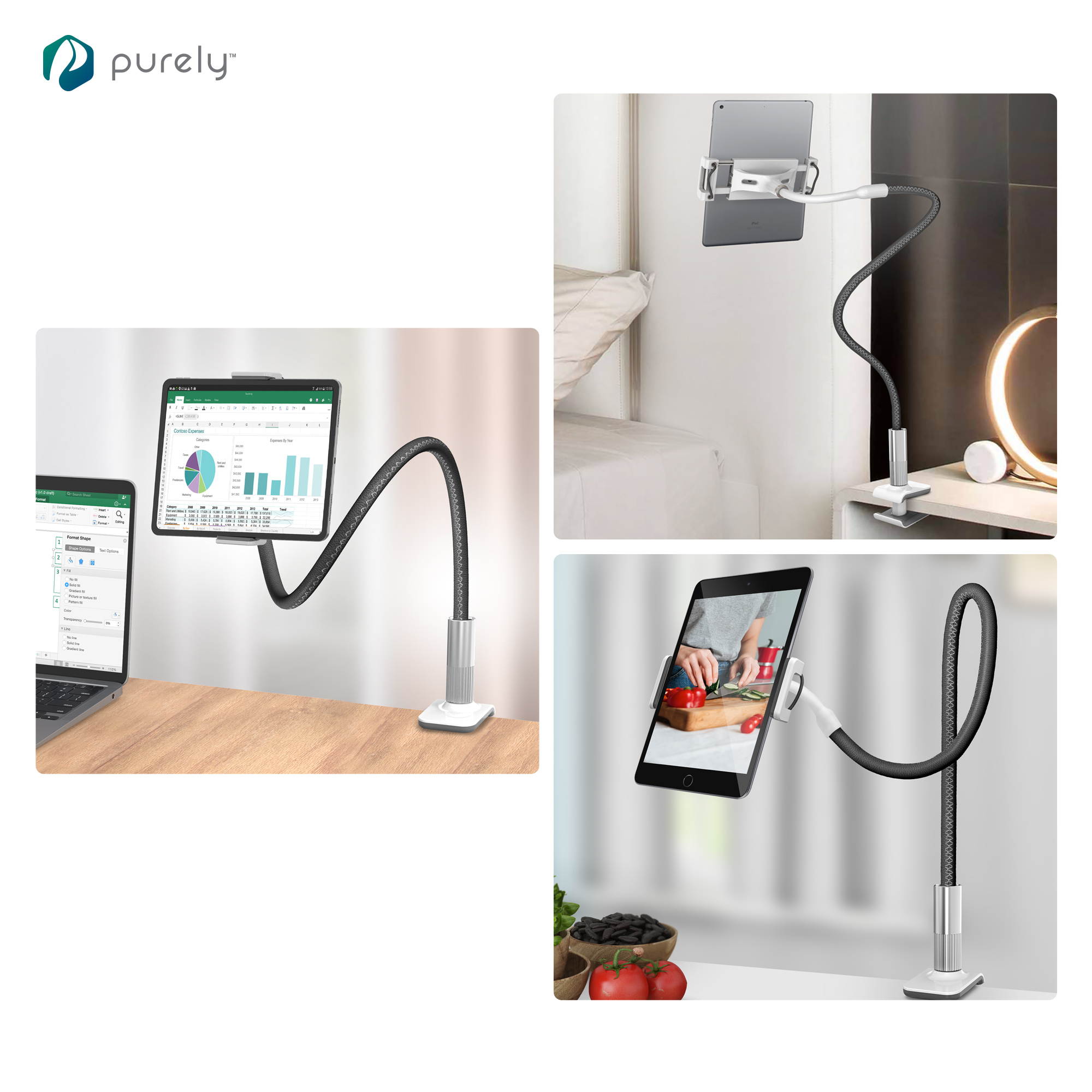 Purely Gooseneck Phone and Tablet Holder Deluxe | 39&rdquo; Flexible Arm with Clip Mount 4" to 12.9" Devices - Compatible with iPad Pro, Mini & Samsung Galaxy Tab - Desk, Bedside, Headboard Stand