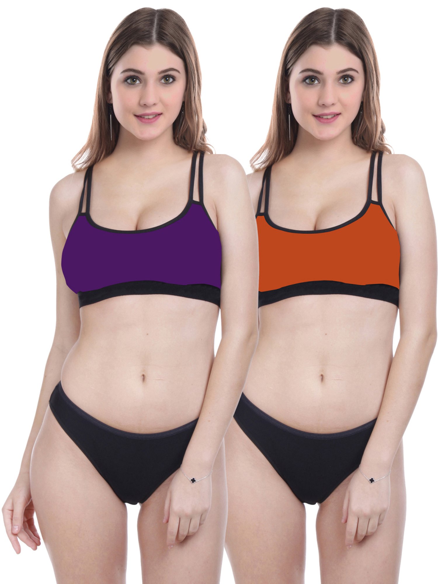 AROUSY Purple & Orange Cotton Bra Panty Set - Pack Of 2