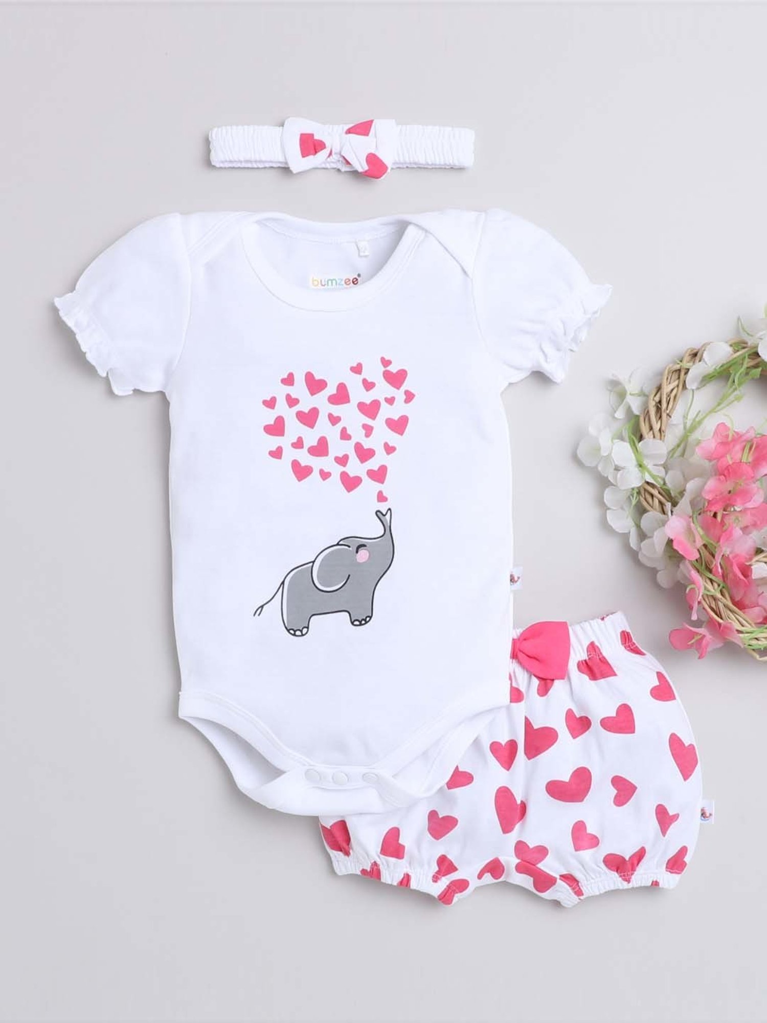 Bumzee Kids Pink & White Cotton Printed Full Sleeves Bodysuit Set