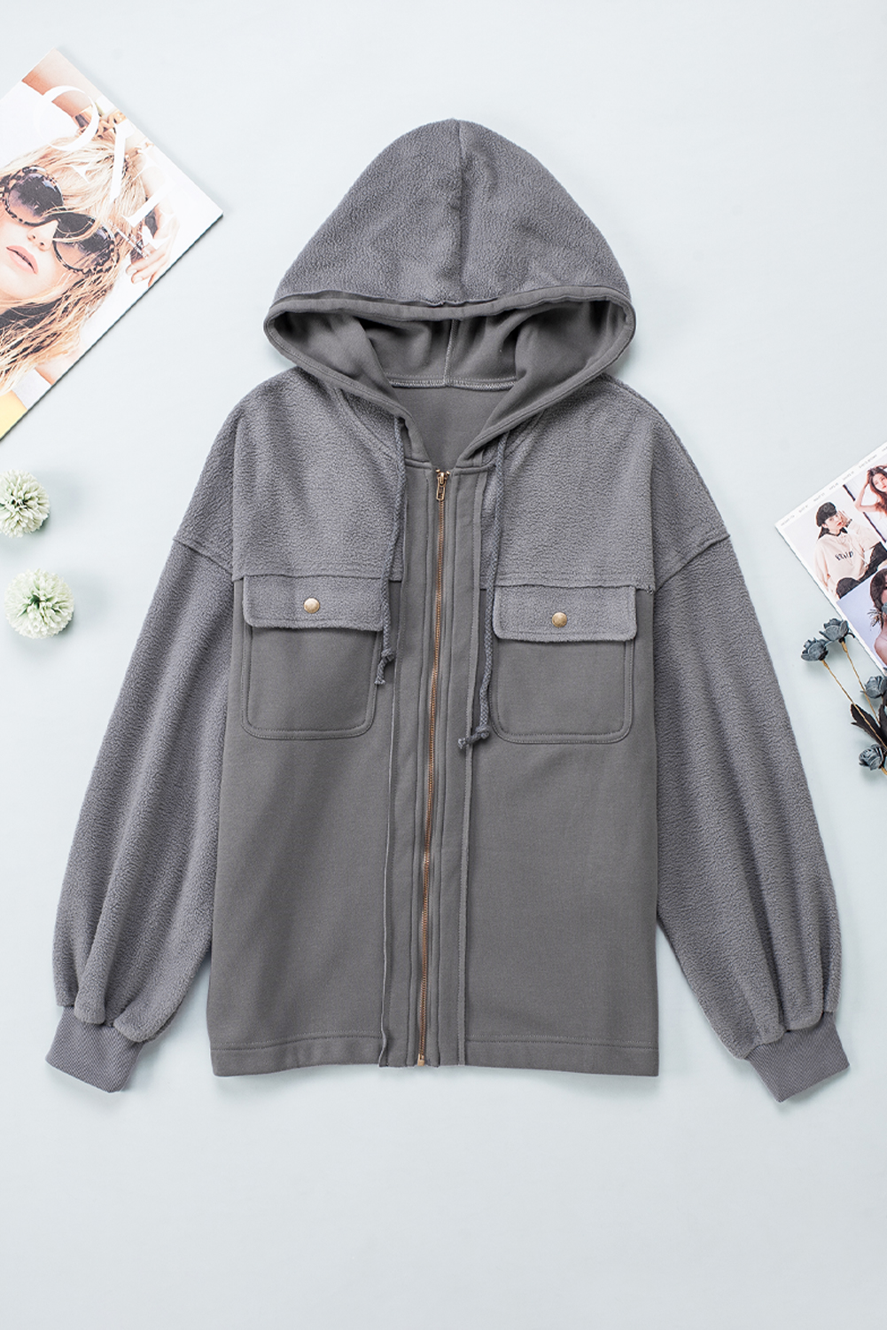Grey Bishop Sleeve Zip Up Hoodie Jacket with Flap Pockets