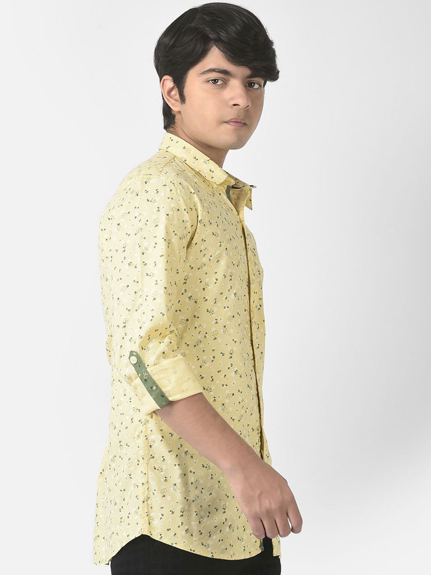 Crimsoune Club Kids Yellow Cotton Floral Print Full Sleeves Shirt
