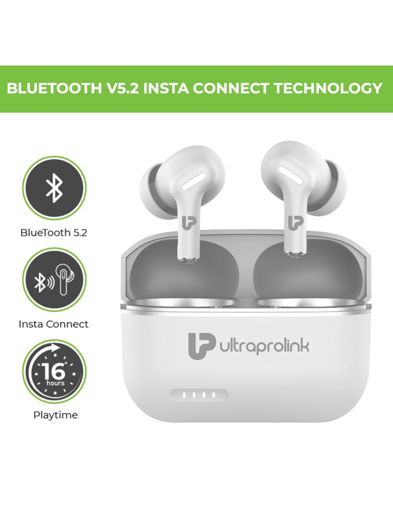 ULTRAPROLINK UM1145 Bluetooth Earbuds with AI ENC Quad Mic & 16H Playtime (White, True Wireless)