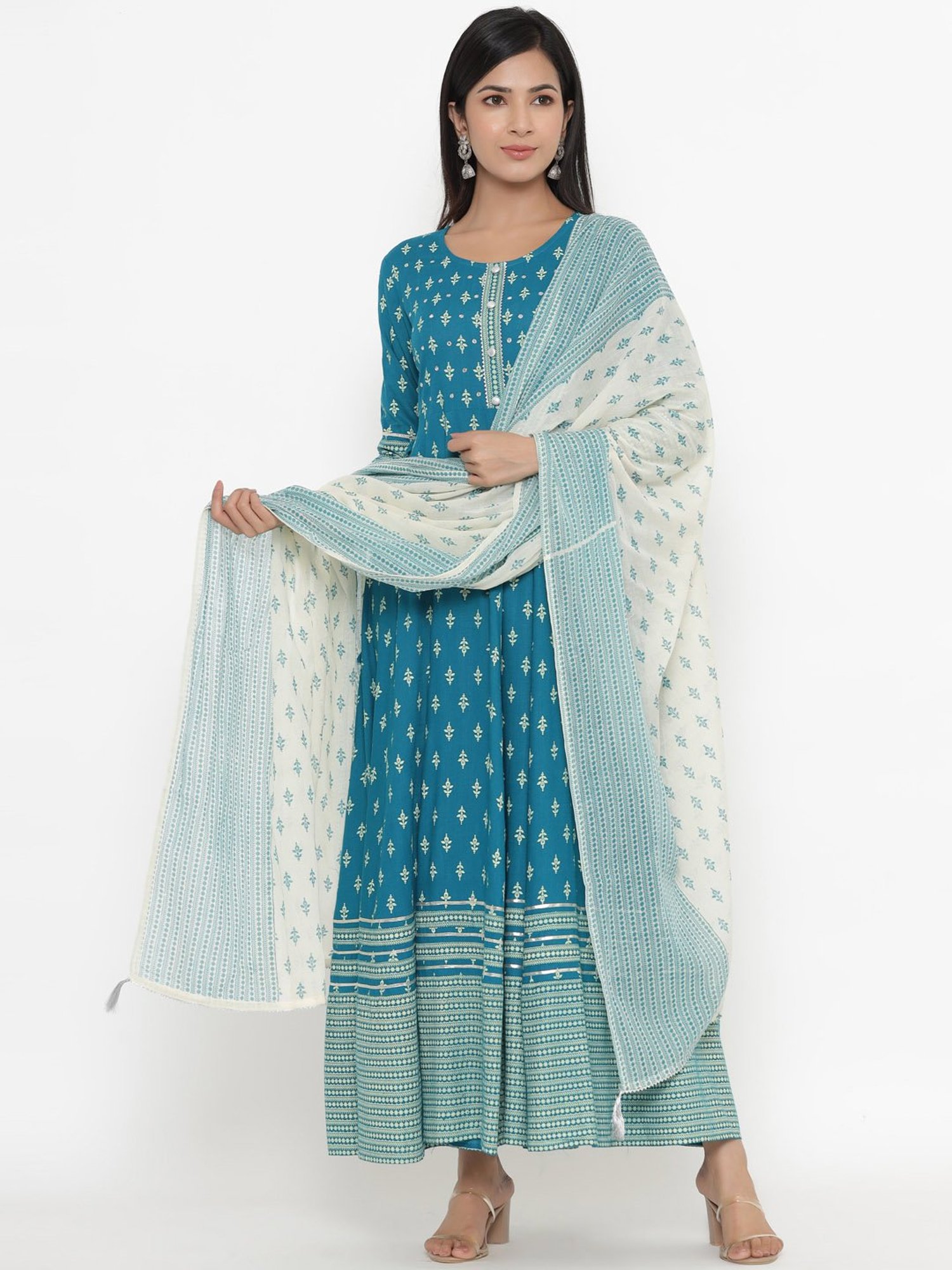 Kipek Blue Printed A Line Kurta With Dupatta