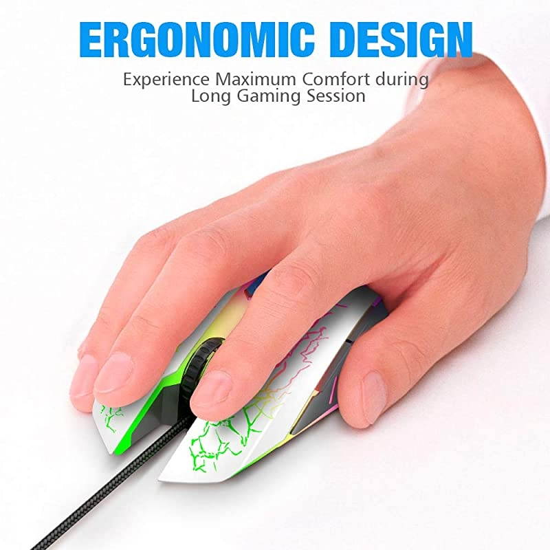 Wired Gaming Mouse, Ergonomic USB Optical Mouse Mice with Chroma RGB Backlit, 1200 to 3600 DPI for Laptop PC Computer Games & Work &ndash; White
