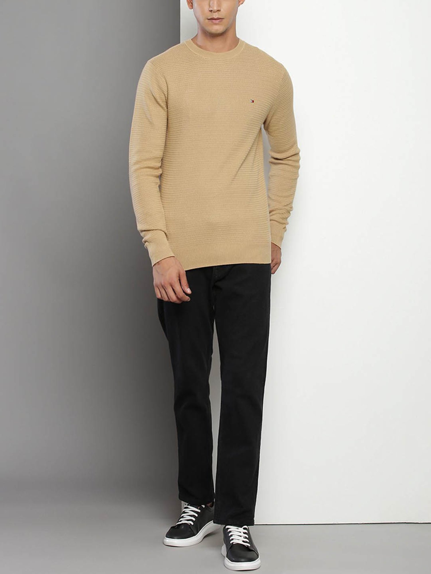 Tommy Hilfiger Beige Cotton Regular Fit Self Pattern Sweater