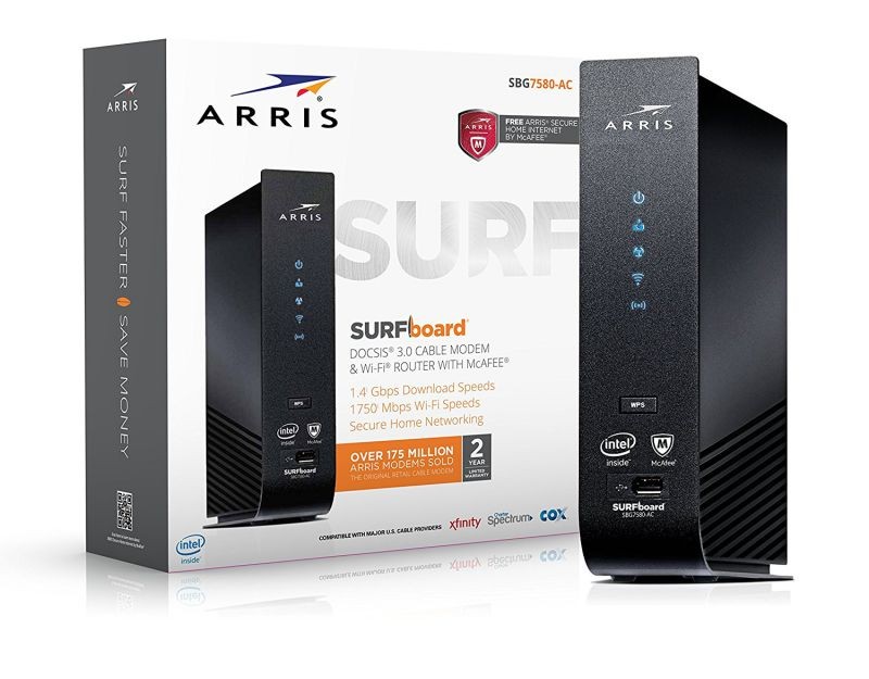 ARRIS SURFboard SBG7580AC 32x8 DOCSIS 3.0 Cable Modem / AC1750 Wi-Fi Router / McAfee Whole Home Internet Protection- Black