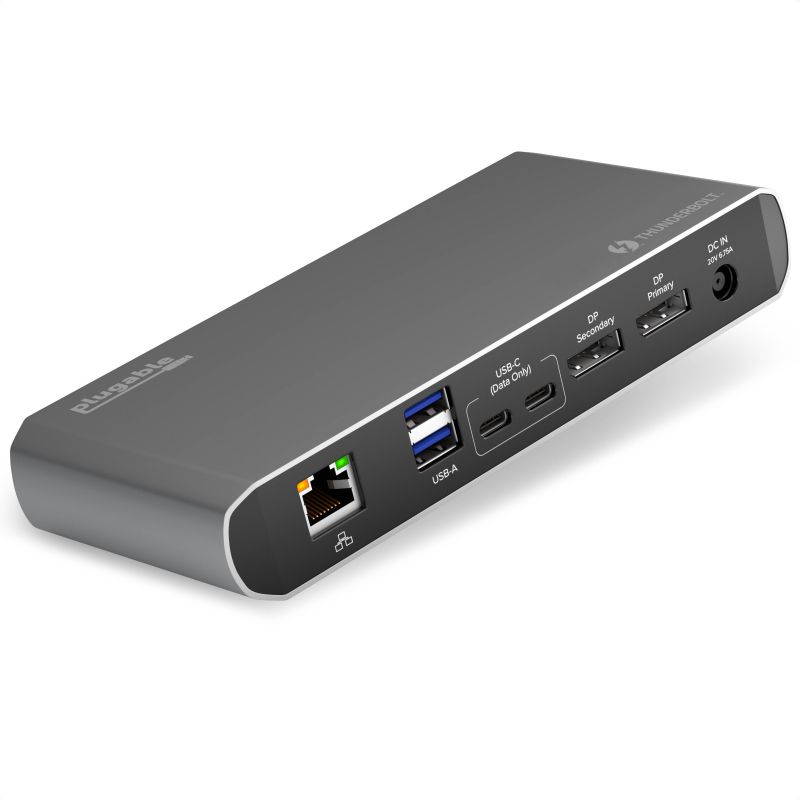 Plugable Thunderbolt 3 and USB C Dock with 60W Charging, Compatible with MacBook / MacBook Pro and Windows Laptops, Dual DisplayPort, 2x USB-C, 3x USB 3.0, Gigabit Ethernet, Audio Jack - Horizontal