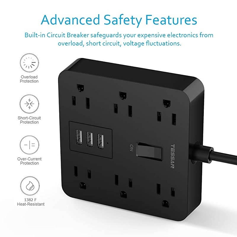 Power Strip with USB  Desktop 5 Ft Extension Cord Flat Plug with 6 Widely Spaced Outlets Builtin 1700J Surge Protector for Home and Office Accessories Black