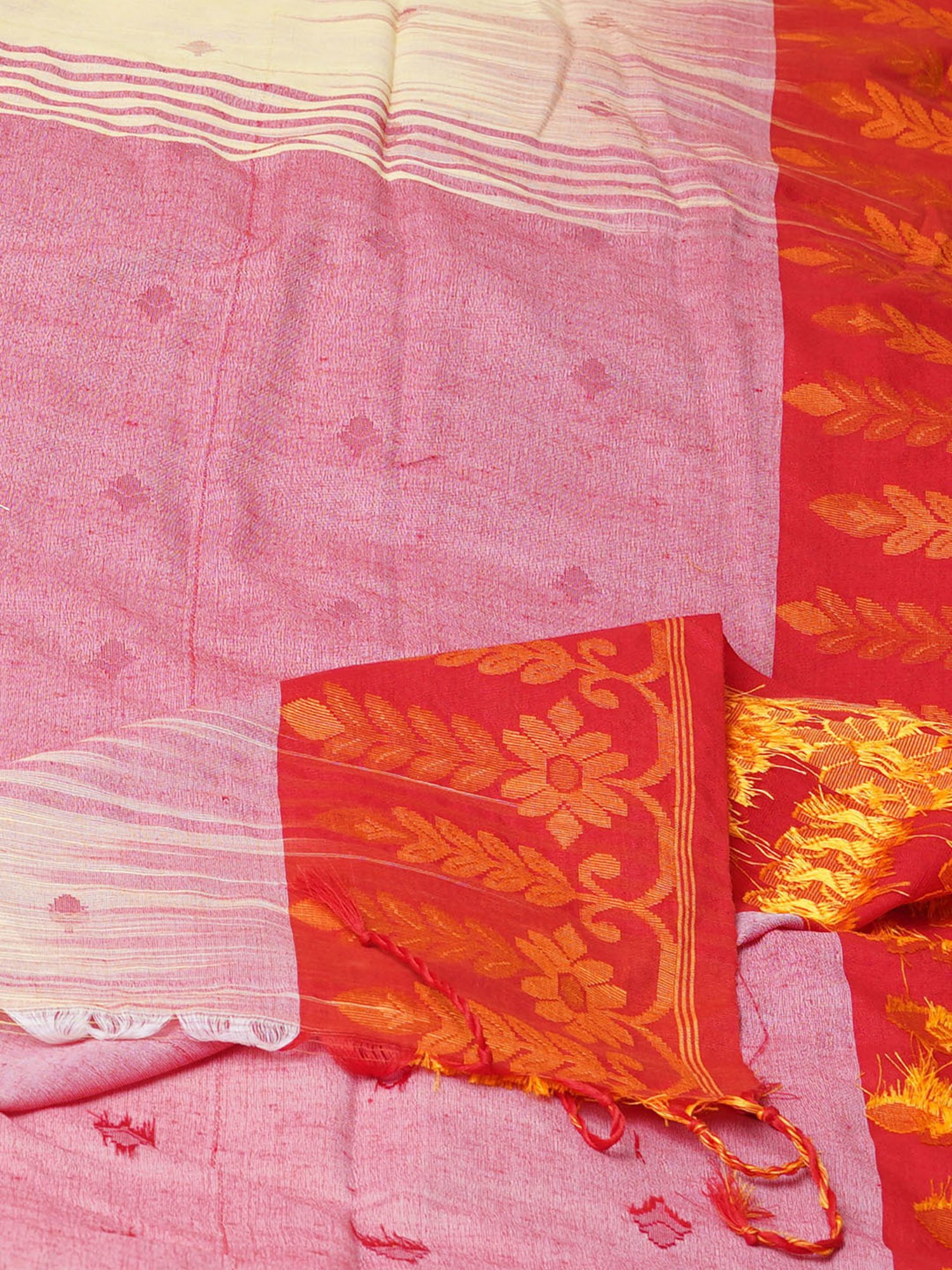 Unnati Silks Cream & Orange Linen Woven Saree With Unstitched Blouse