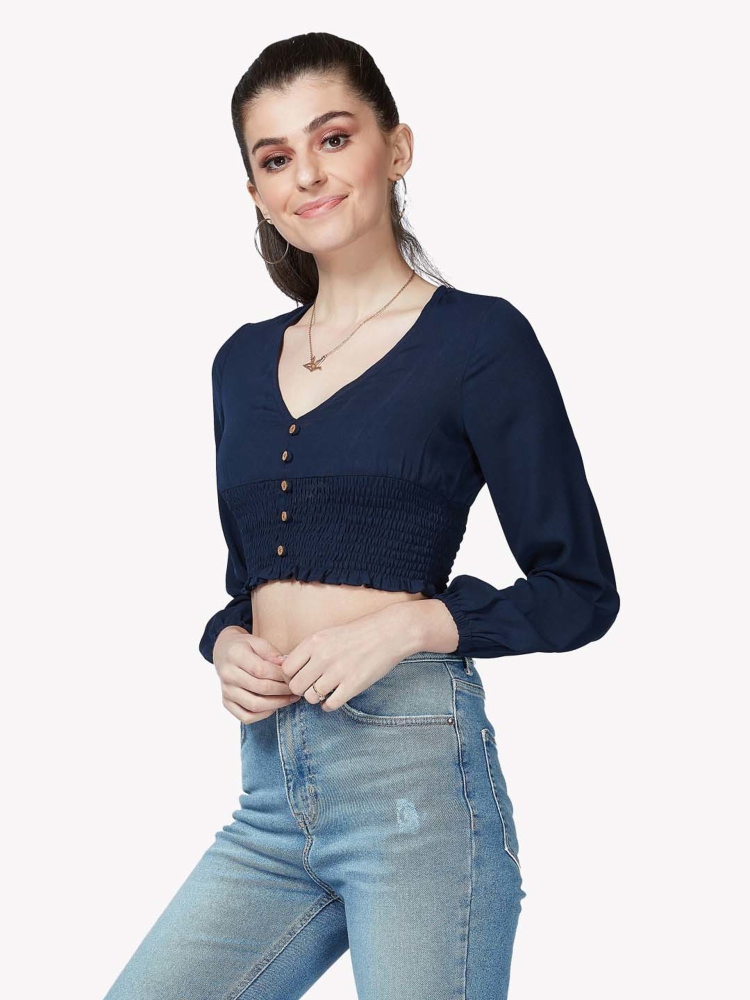 VASTRADO Navy V Neck Crop Top
