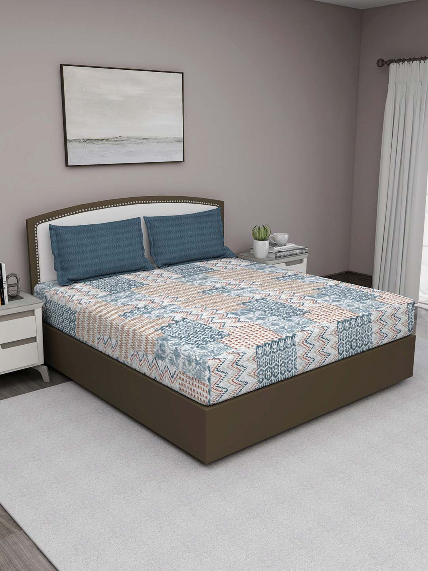 GM Blue & Orange 100% Cotton 180 TC Queen Bedsheet Set