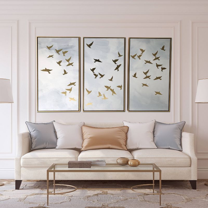 48" x 30" Golden Birds Triptych Floating Framed Wall Canvas Blue - Gallery 57
