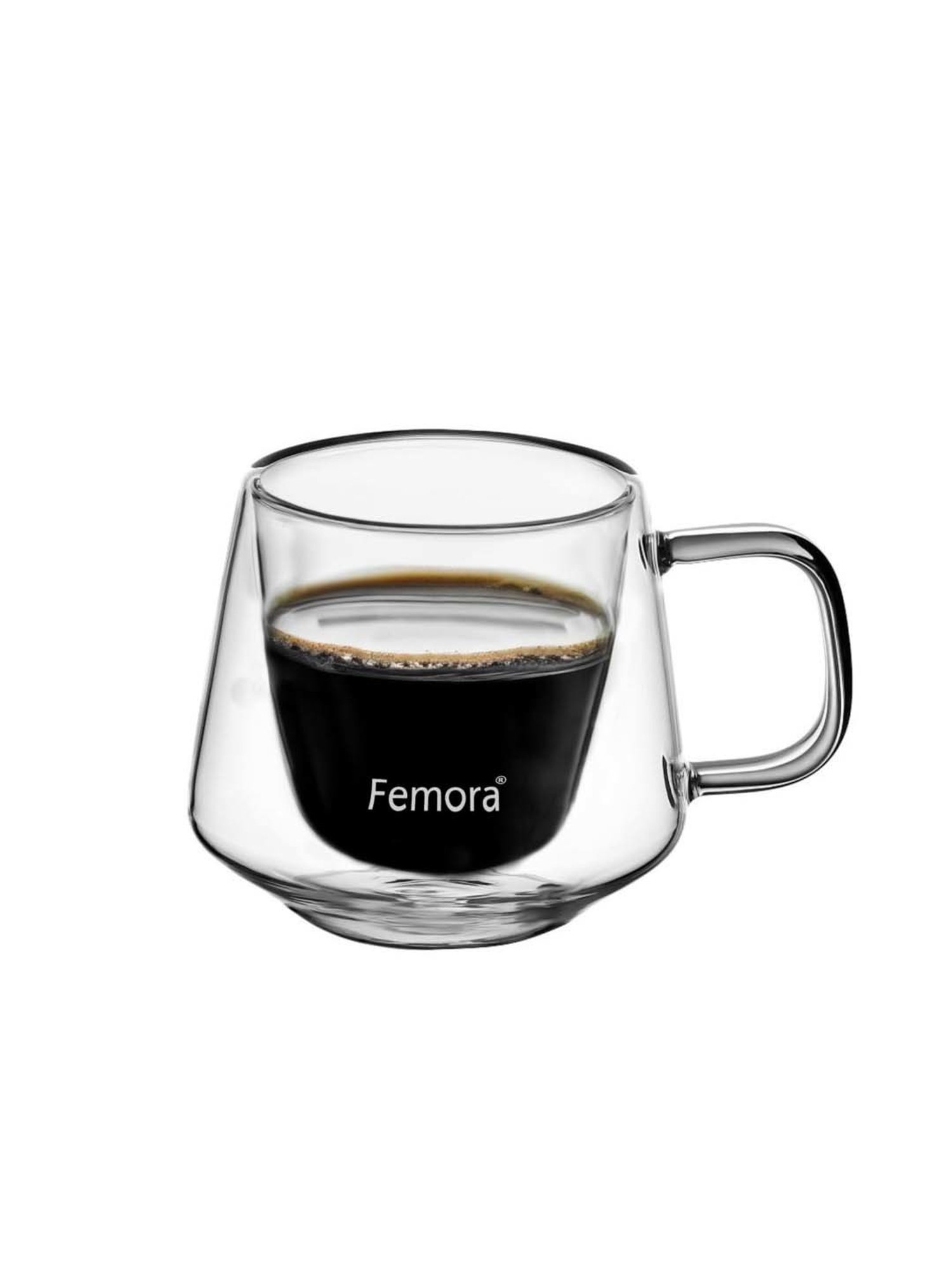 Femora Double Wall Transparent Glass Heat Resistant Coffee Mugs With Handle (0.2 L) - Set of 4