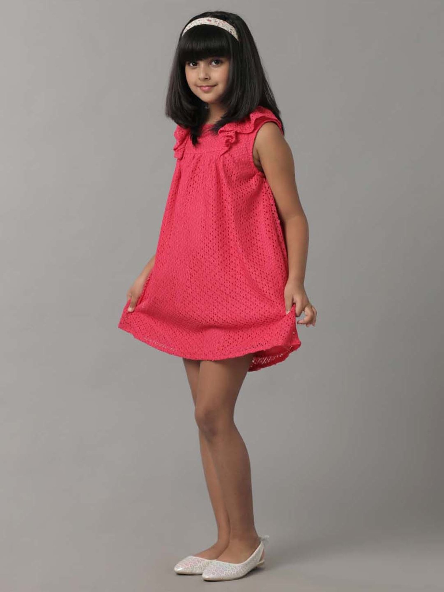 Under Fourteen Only Kids Pink Self Pattern Dress