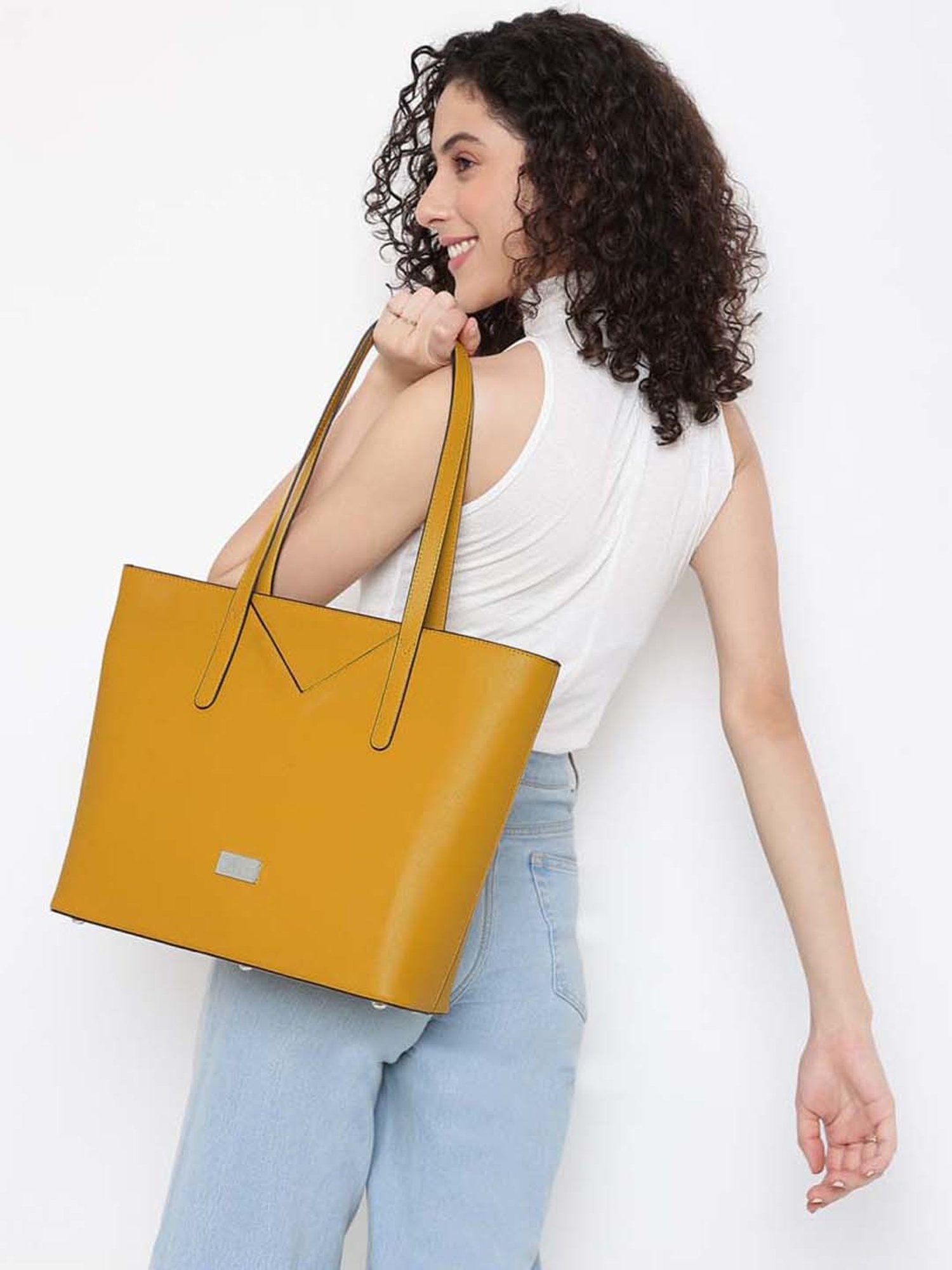 KLEIO Mustard Solid Medium Tote Handbag