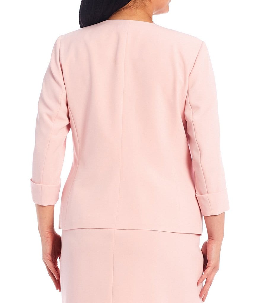 Kasper Plus Size Stretch Crepe Seamed Roll Cuffed Sleeve Open Front Jacket
