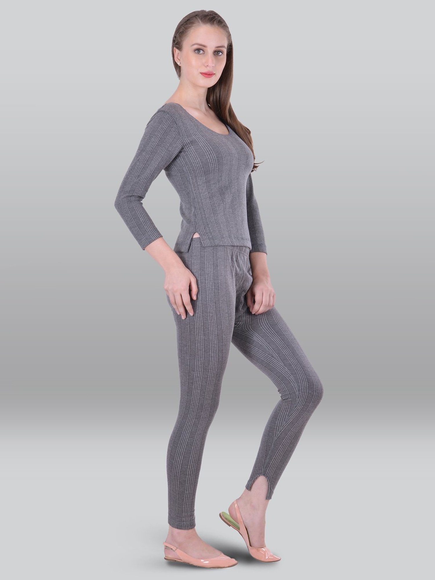 LUX Inferno Grey Striped Thermal Top Leggings Set - Pack Of 2