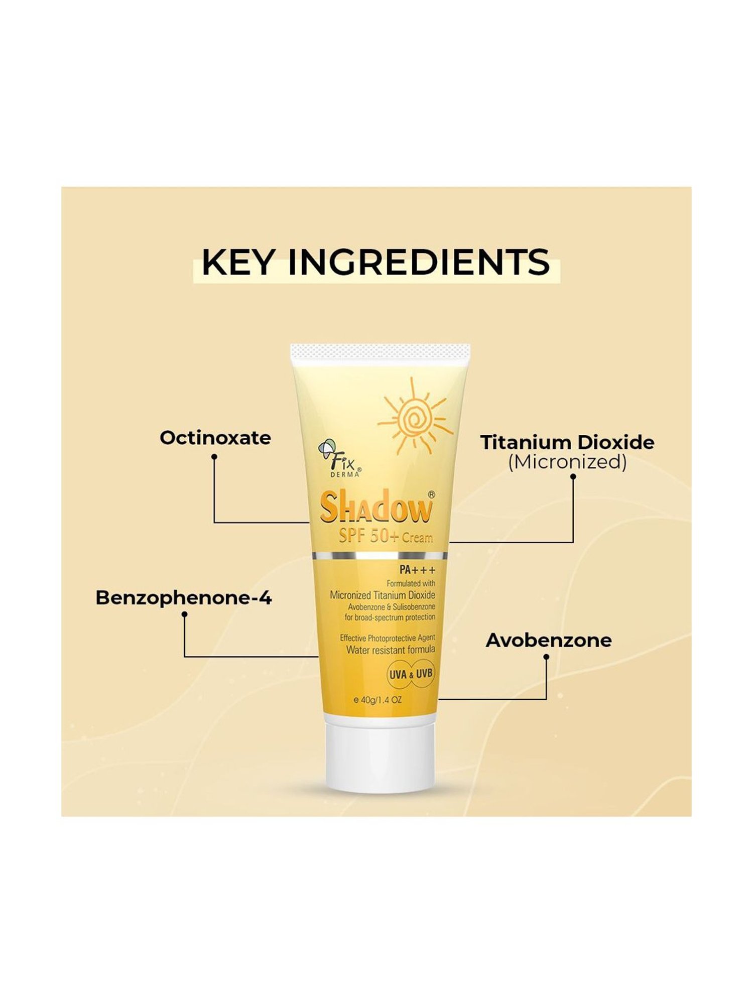 Fixderma Shadow Spf 50+ Cream, Broad Spectrum Uv Protection,Non-Greasy Sunscreen - 40 gm