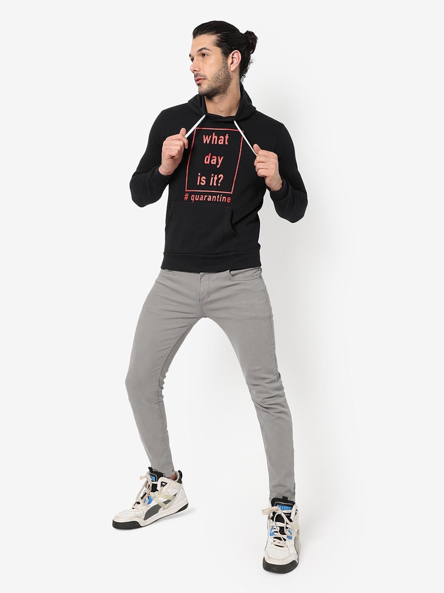 Campus Sutra Black Cotton Regular Fit Printed Hooded Sweatshirt