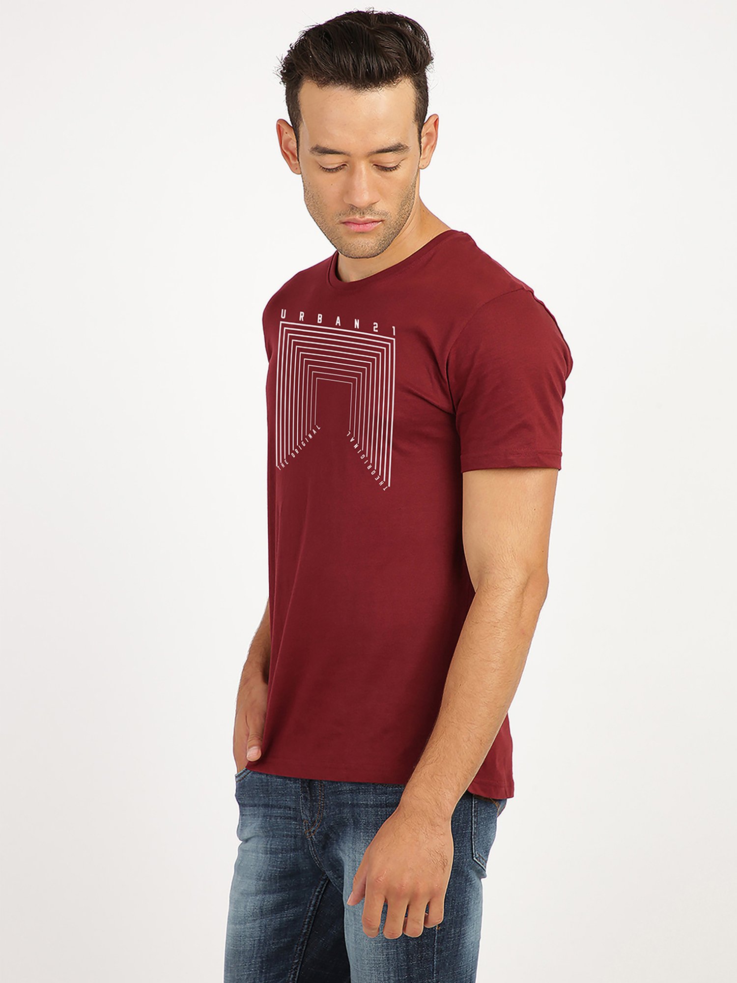 BLACK RADIO Maroon Slim Fit Printed Cotton Crew T-Shirt