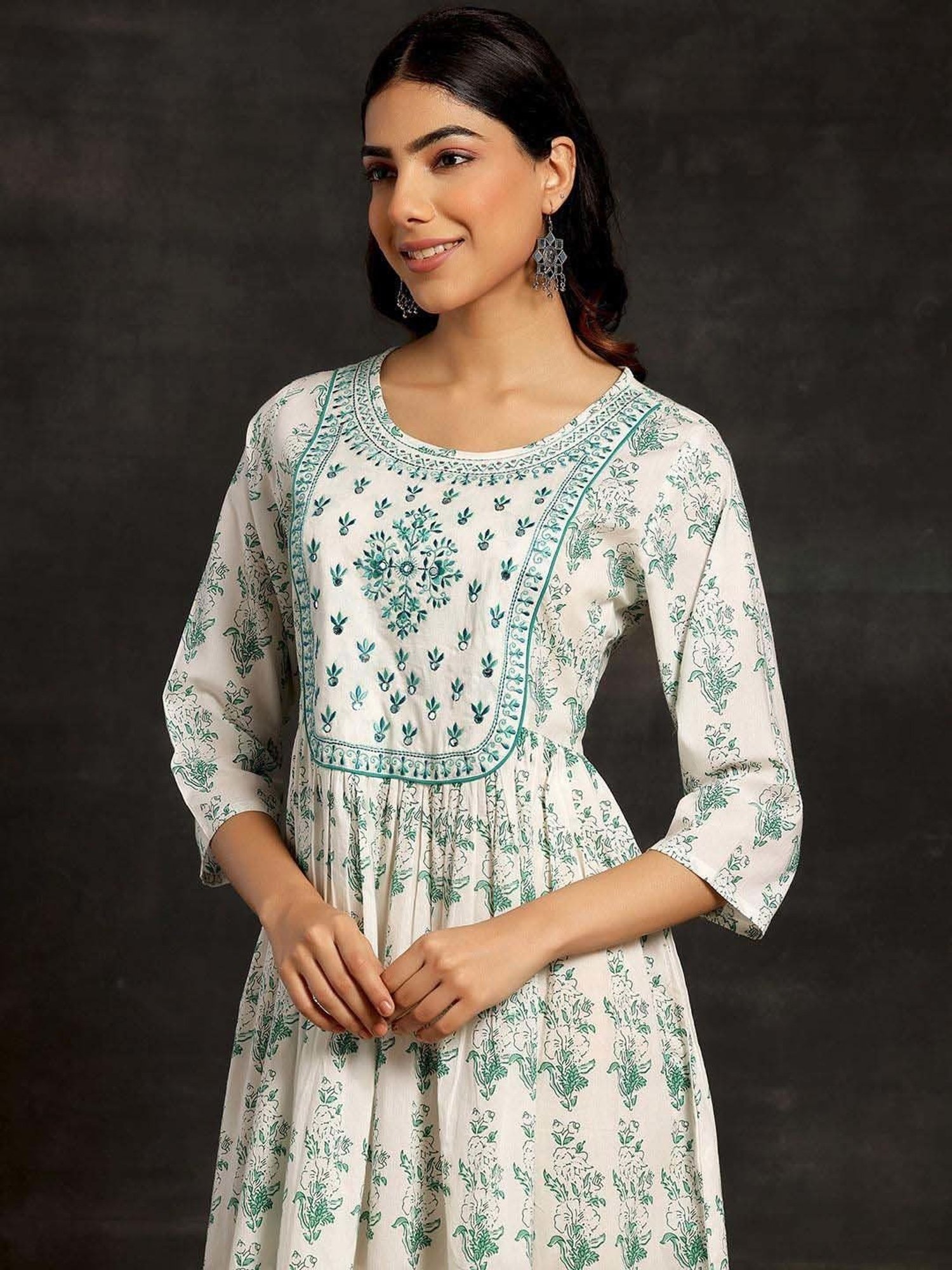 Saffron Threads Black Cotton Floral Print Ethnic Dress