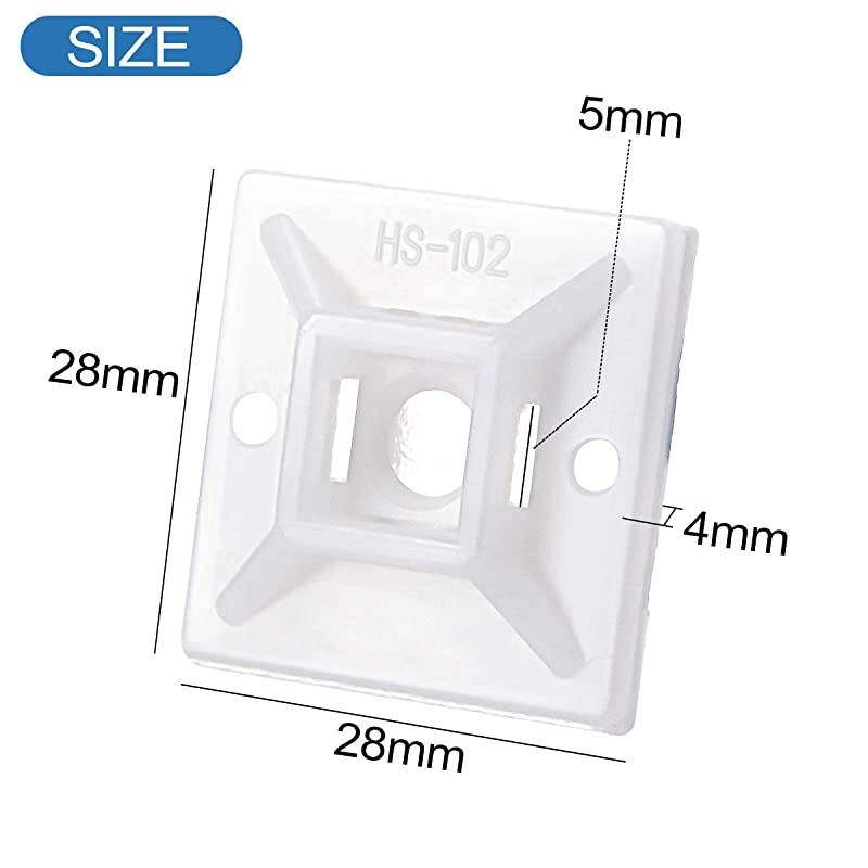 100 PCS Cable Zip Tie Mounts Self Adhesive Wire Cable Clips Organizer Holders White 11 inch28mm x 28mm HS102