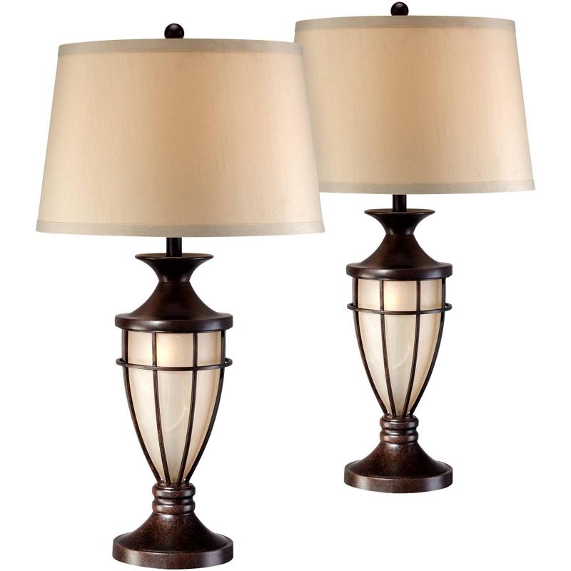 John Timberland Traditional Table Lamps Set of 2 with Nightlight Lantern Brushed Iron Cage Beige Fabric Shade for Living Room