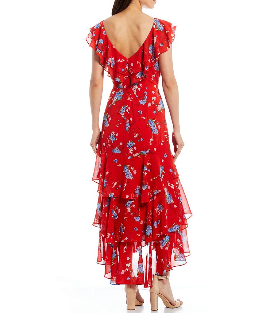 WAYF Chelsea Floral Print V-Neck Cap Sleeve Ruffle Hem Dress