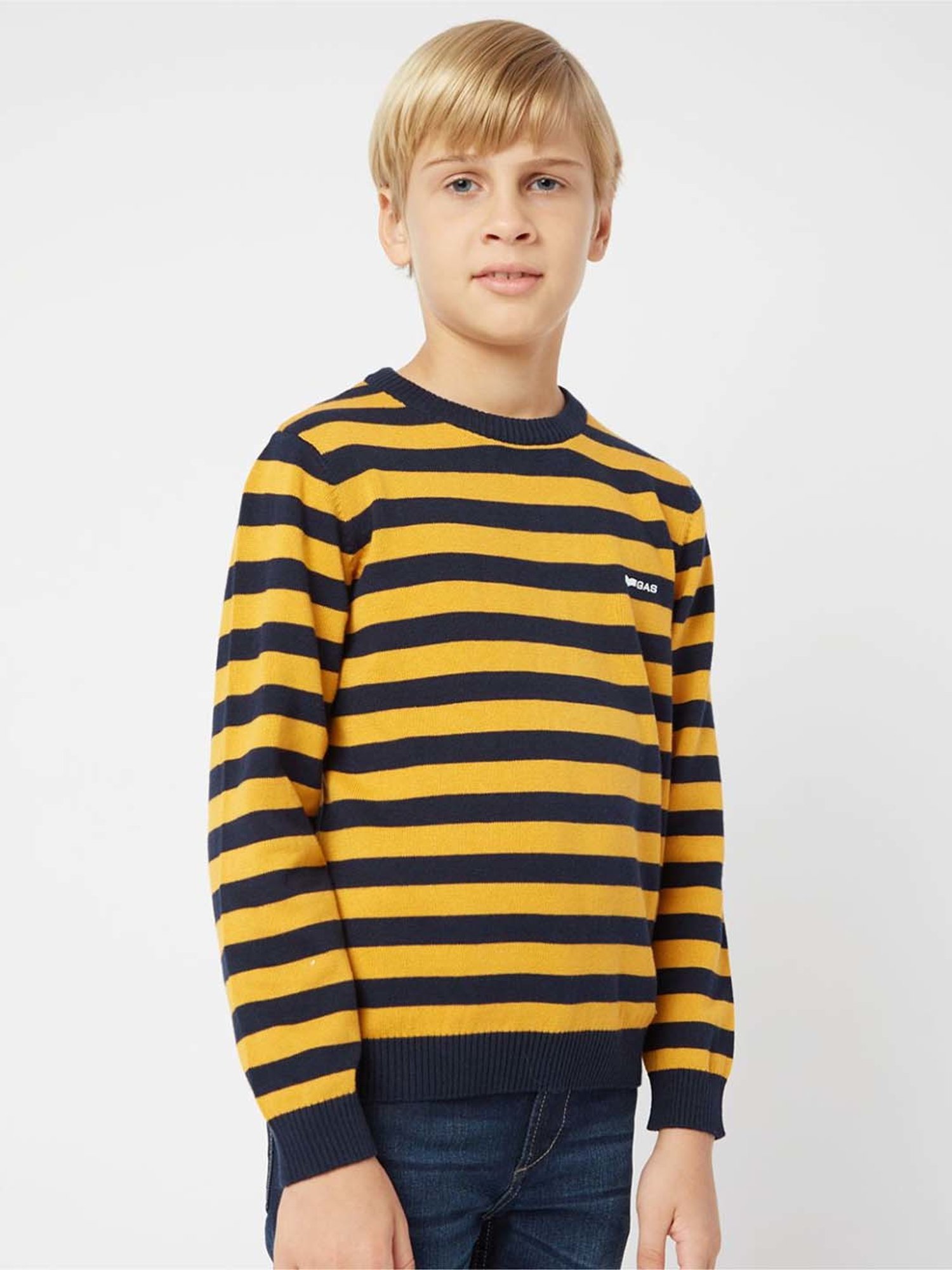 Gas Kids Mustard & Navy Cotton Striped Full Sleeves Pullover Sweater