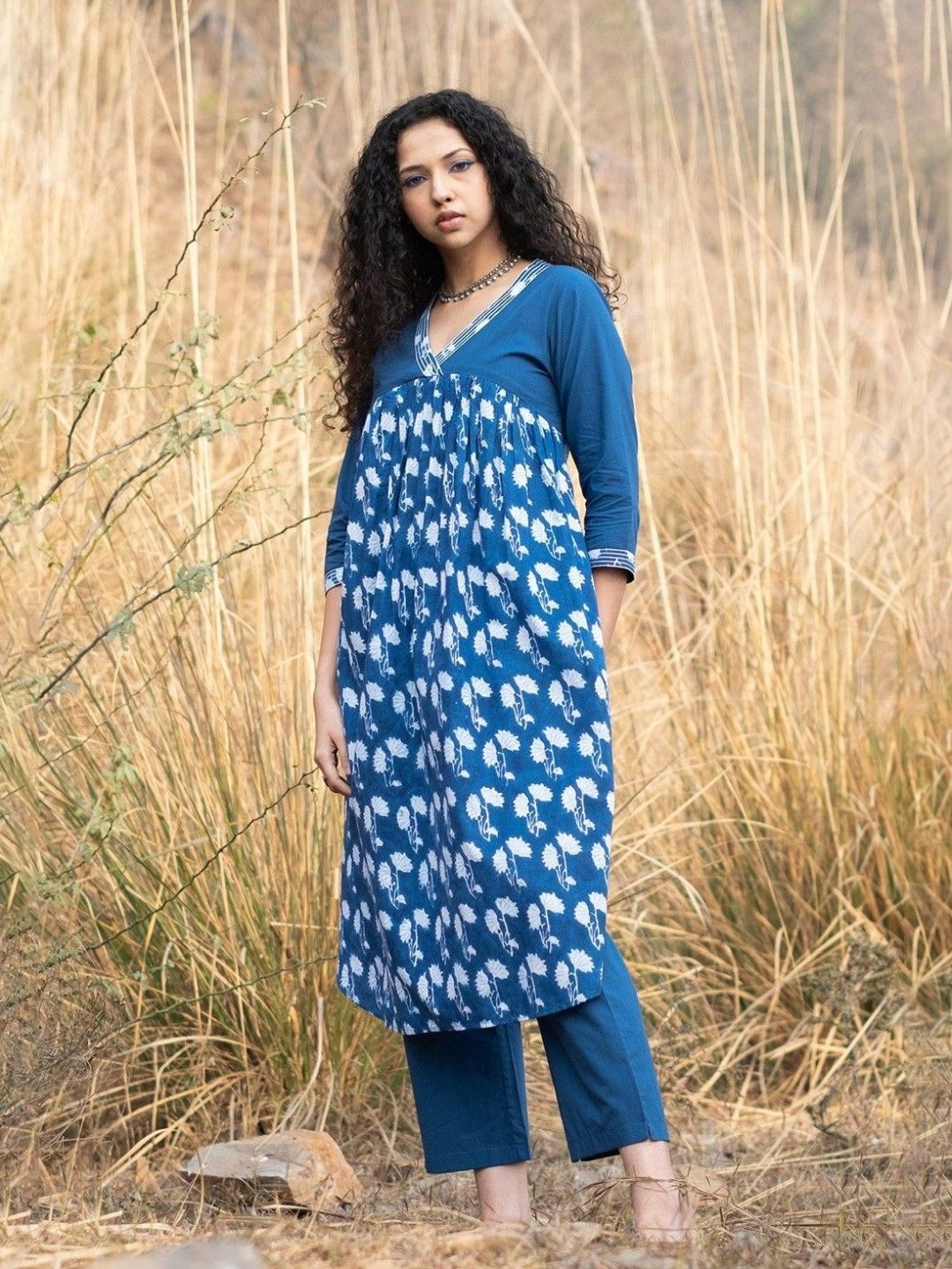 Akiso Neela Indigo Block Printed Gathered Kurta With V Neck Embroidered Neckline
