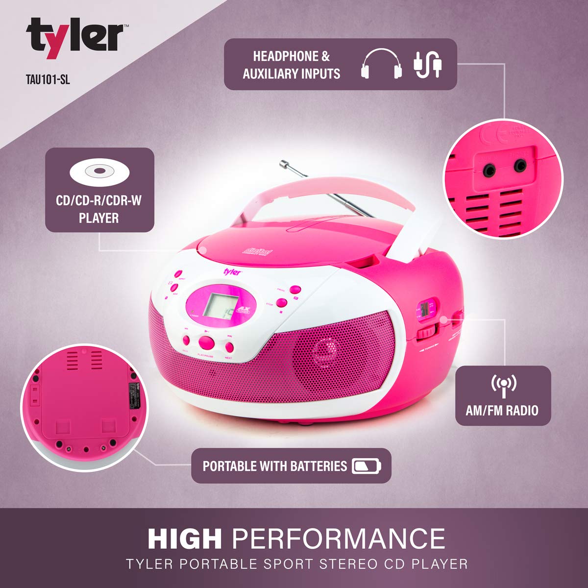 Tyler Portable Neon Blue Stereo CD Player with AM/FM Radio and Aux & Headphone Jack Line-In (TAU105-NBL)