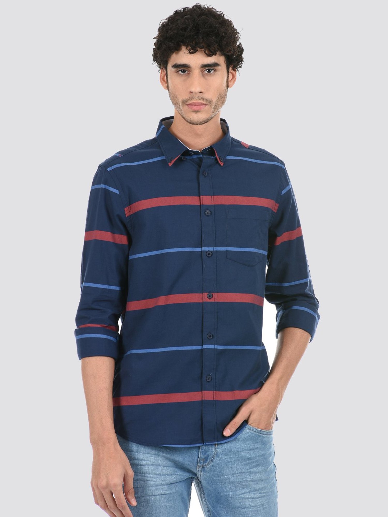 London Fog Navy Blue Regular Fit Striped Shirt
