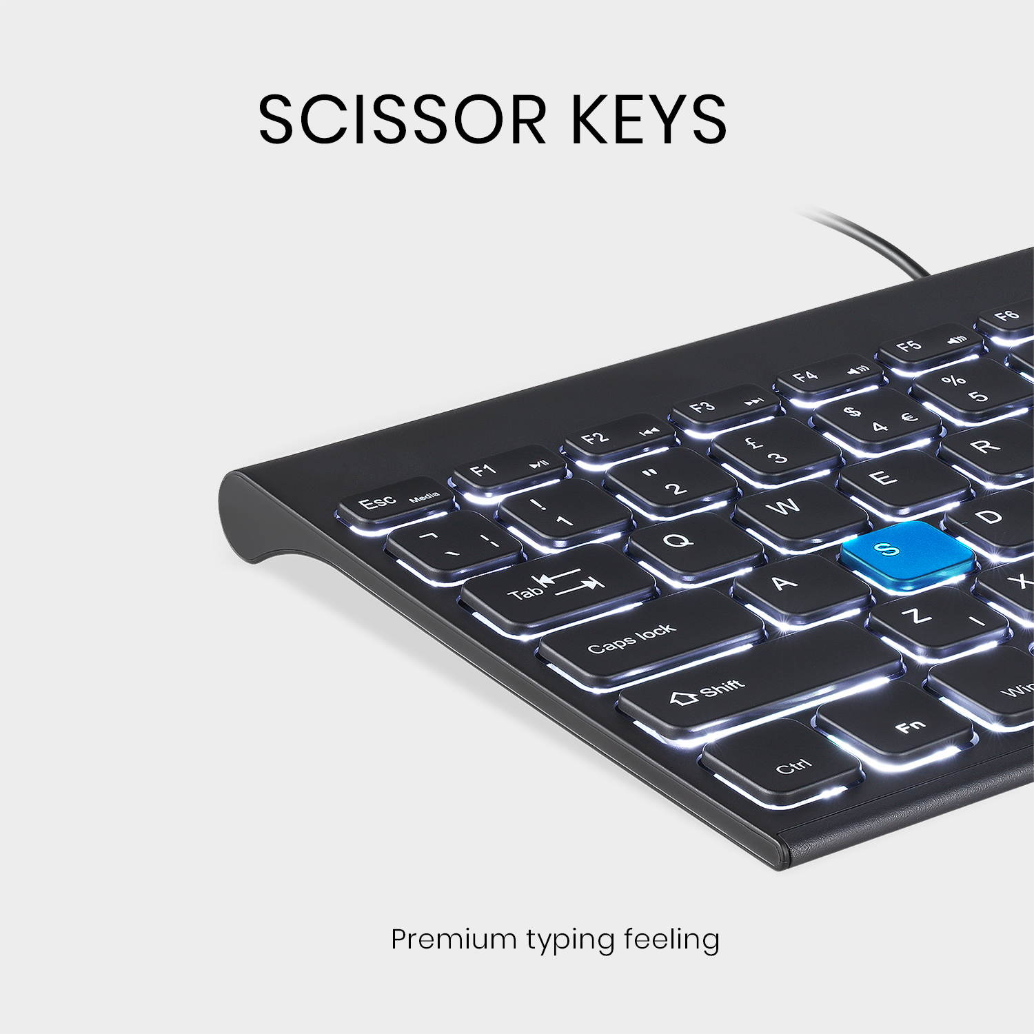 Perixx PERIBOARD-429 US Wired Mini Backlit Keyboard - Thin and Silent Scissor Keys - White Backlight Color - US English