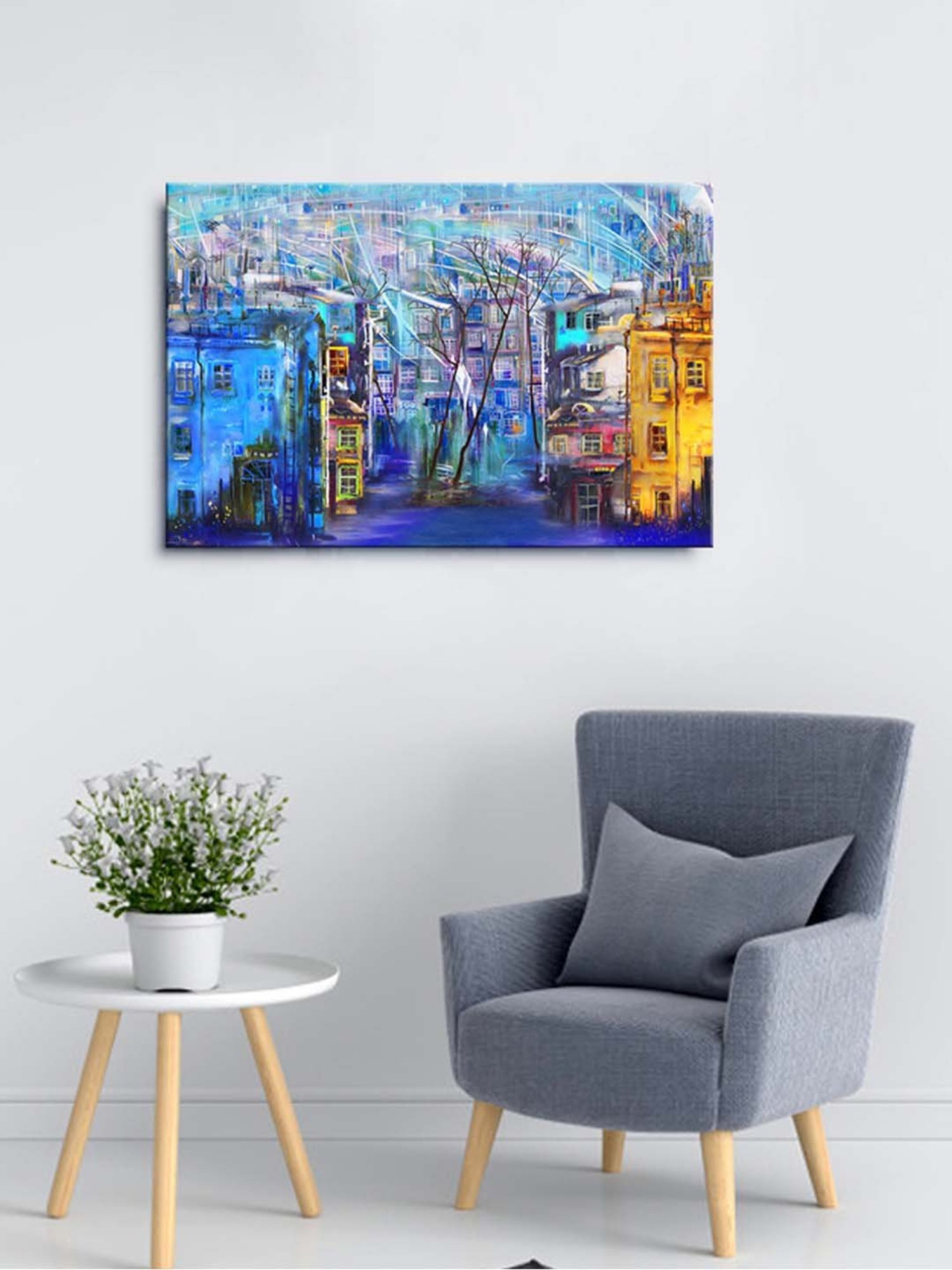 999store Blue & Yellow Abstract Building Painting Framed Canvas Painting
