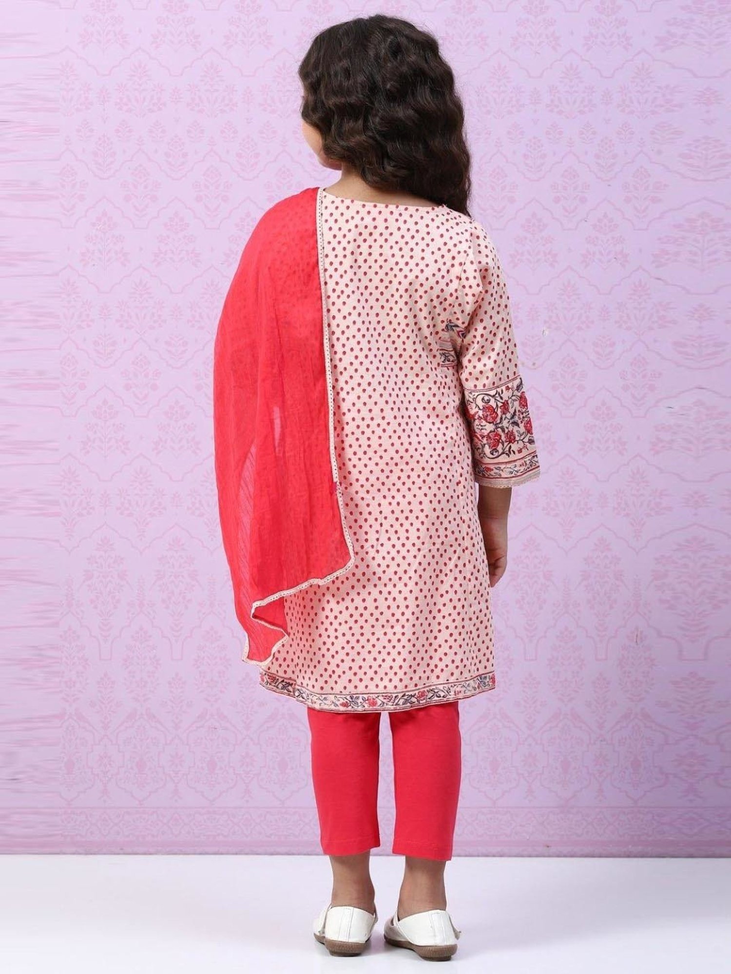 Biba Kids Peach & Red Cotton Printed Kurta Set