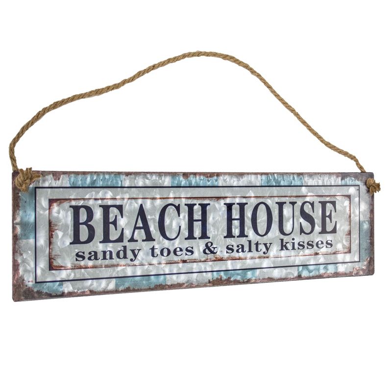 11" x 20" Beach House Galvanized Metal Vintage Hanging Wall Sign with Rope - American Art Decor