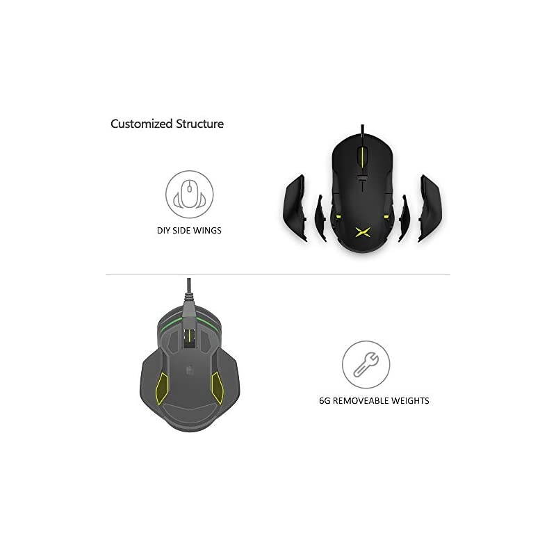 Ambidextrous Wired Gaming Mouse with 10000DPI Chroma RGB and Side Wing and Personalized Weights 6 Programmable Buttons Ergonomic Optical Computer Gaming Mouse M627S3325Black