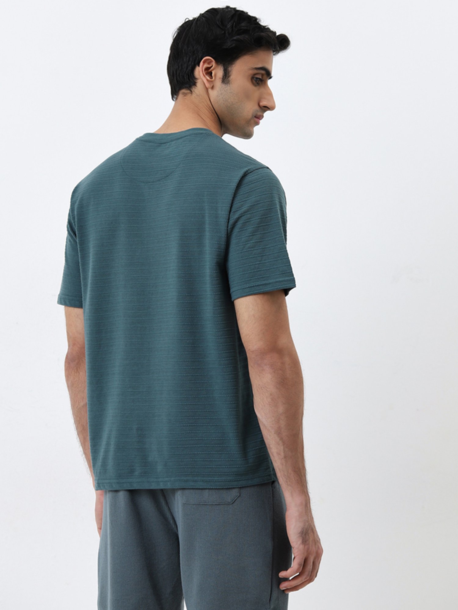 WES Lounge by Westside Dark Sage Self-Stripe Relaxed-Fit Cotton T-Shirt