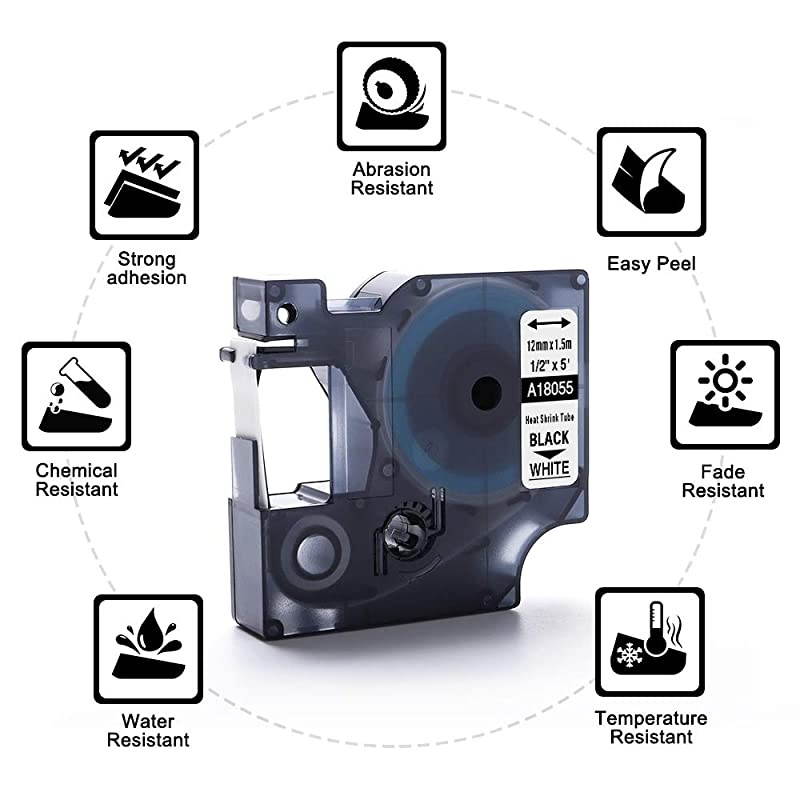 Compatible Heat Shrink Label Replacement for DYMO 18055 Heat Shrink Tube Label 12 Inch Work with DYMO Rhino 5200 4200 6000 5000 Label Maker Black on White 49 Feet Length 12mm 5Pack