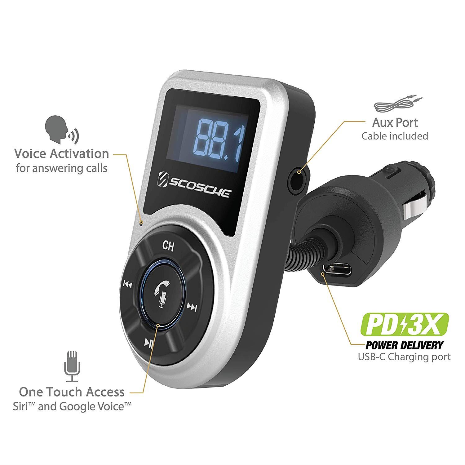 SCOSCHE BTFMPD Universal Bluetooth Hands-Free Car Kit with Digital FM Transmitter and 18-Watt USB C Power Delivery Car Charger
