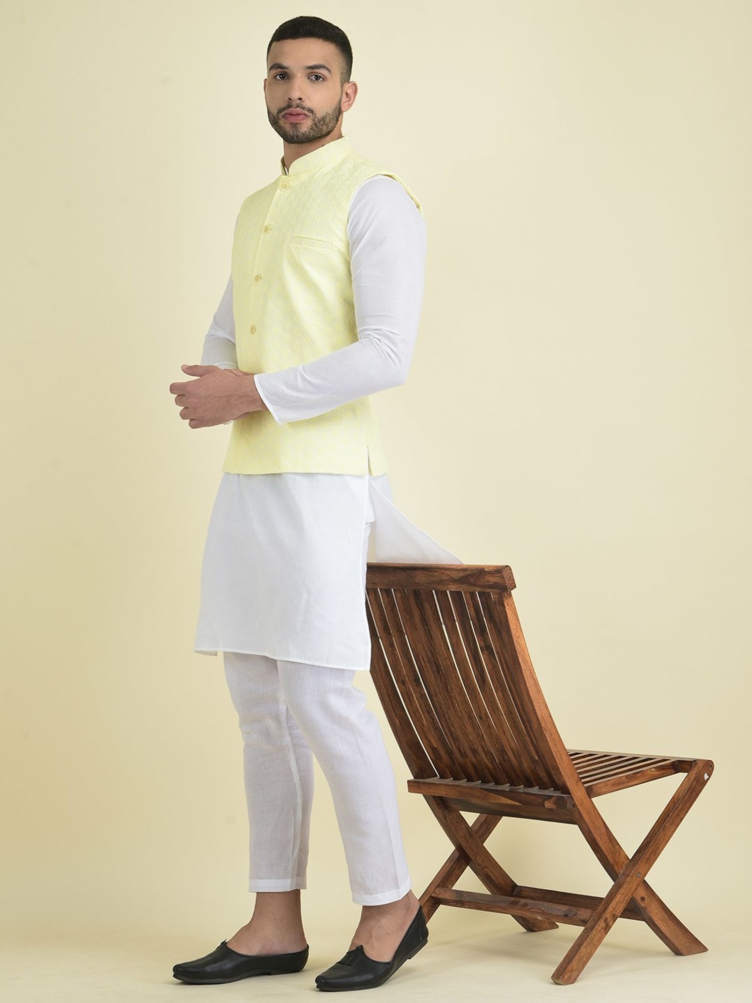Deyann Yellow & White Cotton Regular Fit Embroidered Kurta Set With Jacket