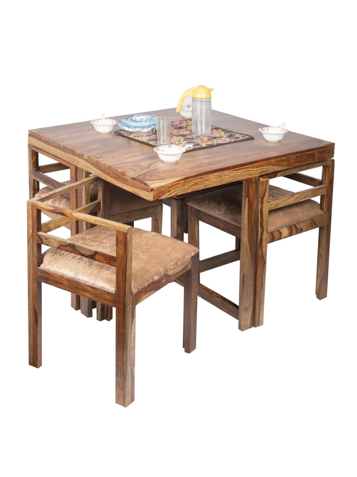 Ikiriya Kingston Solid Brown & Beige Wood 4 Seater Dining Table Set Teak Finish