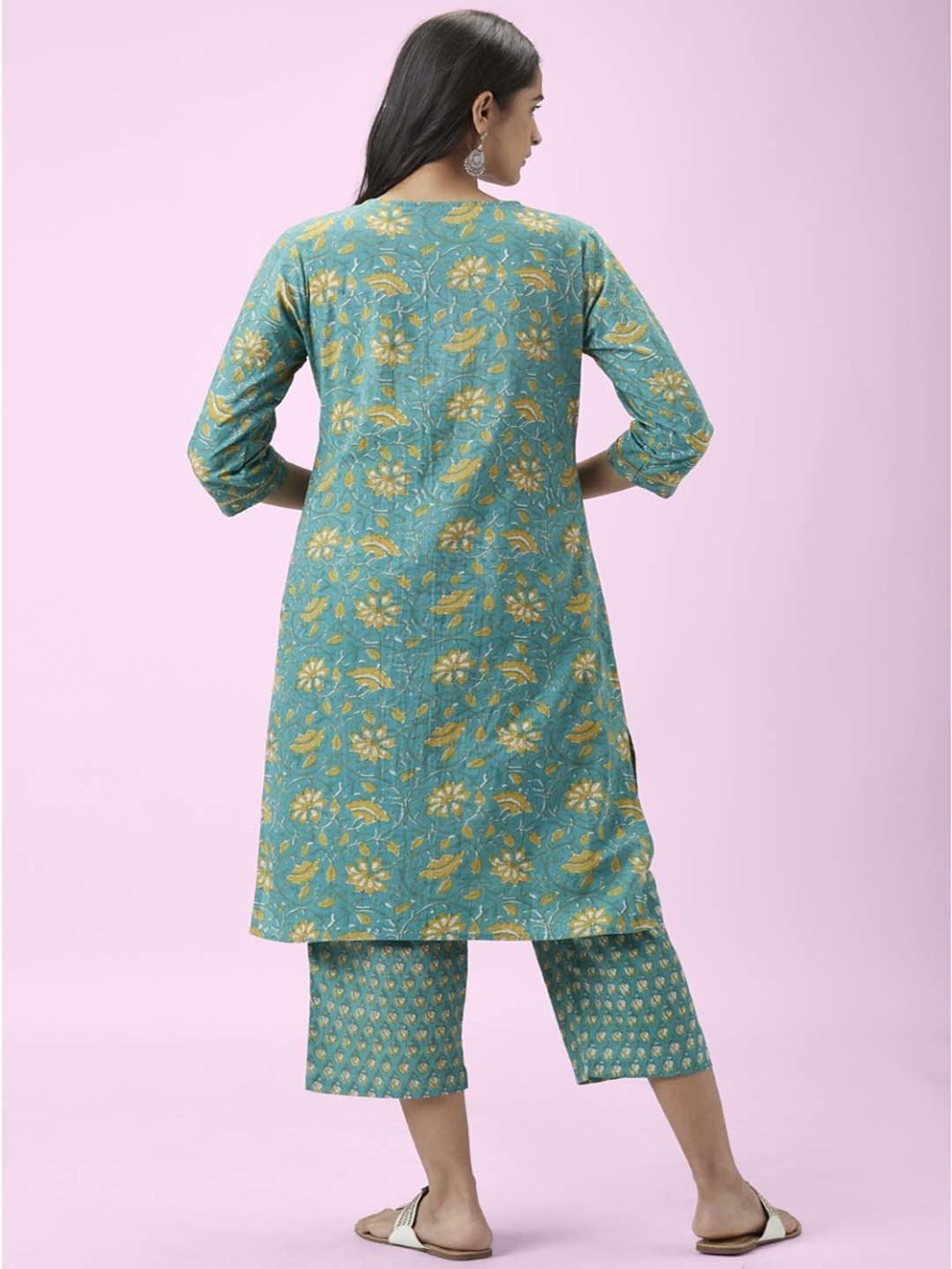 Rangmanch by Pantaloons Turquoise Cotton Floral Print Kurta Palazzo Set