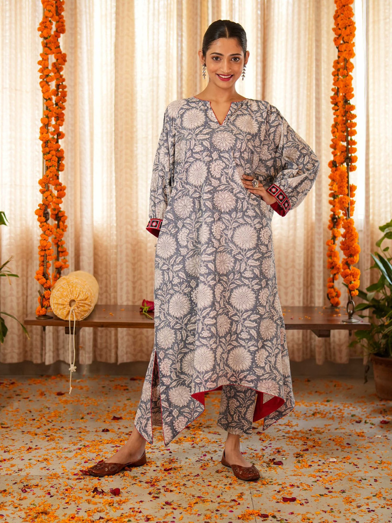 Akiso Bahama Blue Hand Asymmetrical Kaftan with Border