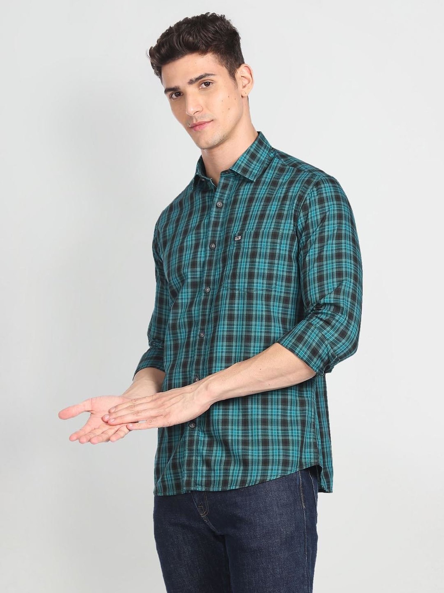Arrow Sport Green Cotton Slim Fit Checks Shirt