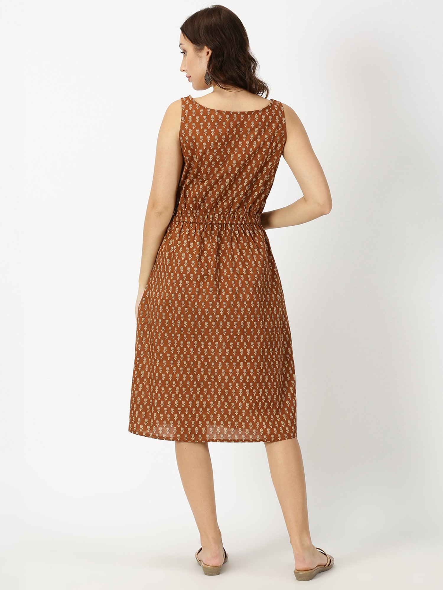 Saffron Threads Brown Cotton Floral Print Ethnic Dress