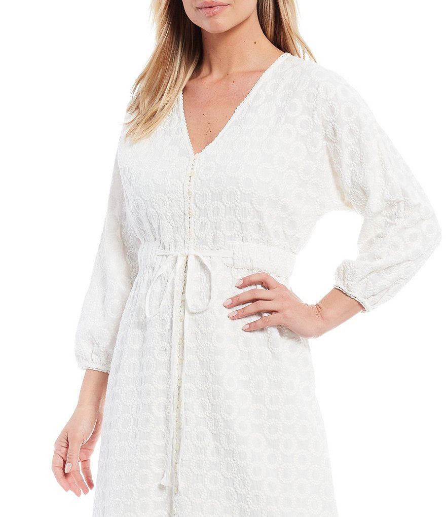 Reba Embroidered V-Neck 3/4 Sleeve Self Tie Button Front Eyelet Dress