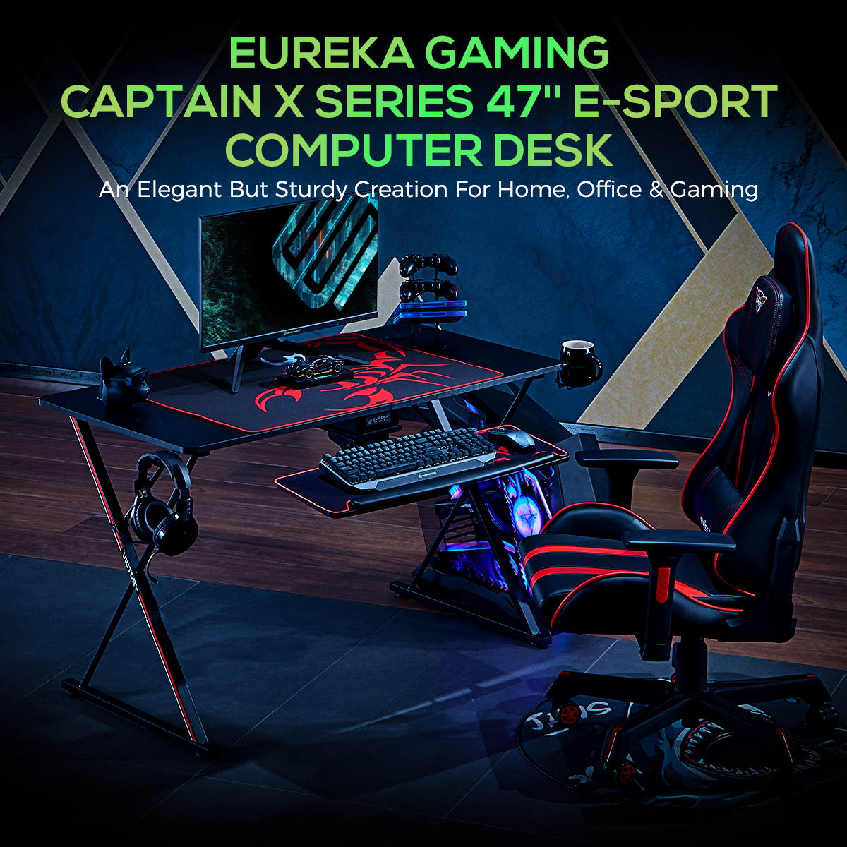 EUREKA ERGONOMIC Gaming Desk 47" Home Office Gaming Computer Desk, X Shaped Gamer Workstation PC Table with Controller Stand Cup Holder Headphone Hook Free Mousepad, Black