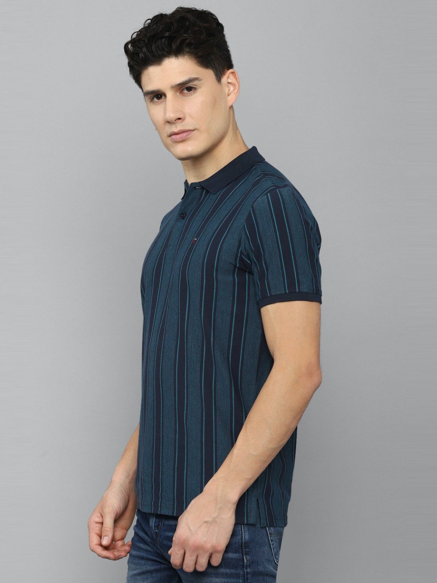 Louis Philippe Sport Dark Blue Cotton Slim Fit Striped Polo T-Shirt